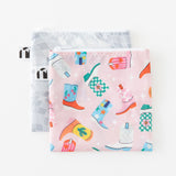 Roamio by Bumkins Reusable Snack Bag, Large 2 Pack: Disco Boots lays overlapped on a white background.