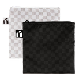 Roamio by Bumkins Reusable Snack Bag, Large 2 Pack: Rich & Boujee features 2 waterproof pouches with checkered designs—one black, one white.
