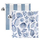 Roamio by Bumkins Reusable Snack Bag, Large 2 Pack: Coastal—2 waterproof zippered pouches, one with blue stripes & one with seashells on white.