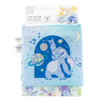 Bumkins Reusable Snack Bag, Large 2 Pack: Stitch Star-ring Up Trouble is shown on a white packaging header.