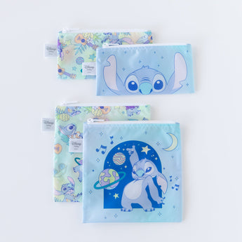 Bumkins Reusable Snack Bag, Large 2 Pack: Stitch Star-ring Up Trouble sits on a white background with two similar bags displayed above.