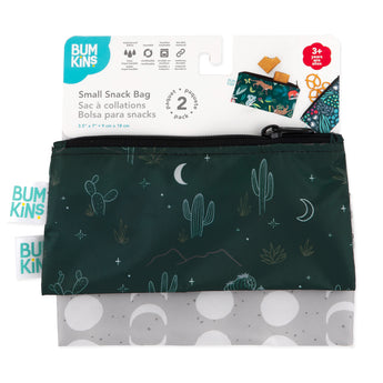 Bumkins Reusable Snack Bag, Small 2 Pack: Desert Night is shown on a white packaging header.