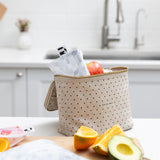 A Roamio by Bumkins Reusable Snack Bag, Small 2 Pack: Disco Boots sits in a lunch bag on a kitchen counter with fruit on a cutting board.
