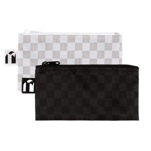 Roamio by Bumkins Reusable Snack Bag, Small 2 Pack: Rich & Boujee features 2 waterproof pouches with checkered designs—one black, one white.
