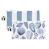 Roamio by Bumkins Reusable Snack Bag, Small 2 Pack: Coastal—2 waterproof zippered pouches, one with blue stripes & one with seashells on white.
