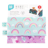 Bumkins Reusable Snack Bag, Small 2-Pack: Rainbows & Unicorns is shown on a white packaging header.