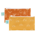 Bumkins Reusable Snack Bag, Small 2-Pack: Sunshine and Grounded features two waterproof pouches—one in orange, the other in yellow.