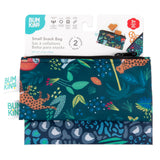 Bumkins Reusable Snack Bag, Small 2-Pack: Jungle & Animal Prints is shown on a white packaging header.