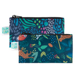 Bumkins Reusable Snack Bag, Small 2-Pack: Jungle & Animal Prints—2 zippered pouches with animal motifs on dark blue waterproof fabric.