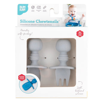 Bumkins Silicone Chewtensils®: Gray are shown in a white packaging box, with a clear front window displaying the product.