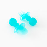 Bumkins Silicone Chewtensils®: Blue Jelly are displayed on a white background with one face-down, showcasing sensory bumps on the back.