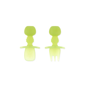 Bumkins Silicone Chewtensils®: Green Jelly includes a spoon and a fork made from premium LFGB-grade silicone.