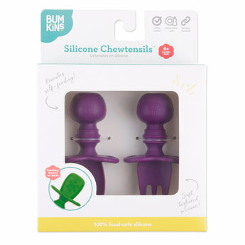 Bumkins Silicone Chewtensils®: Purple are shown in a white packaging box, with a clear front window displaying the product.