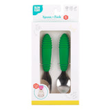 Bumkins Spoon + Fork: Jade is shown in a white packaging box with a clear front window displaying the set of utensils.