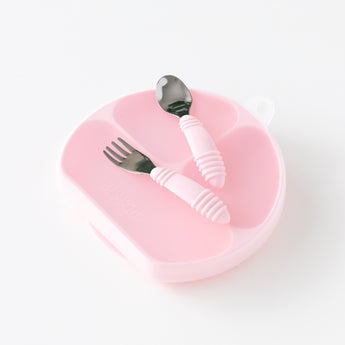 Bumkins Grip Dish: Pink, pink handle handle utensil, and Bumkins Silicone Stretch Lid is neatly arranged on a white background.