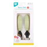 Bumkins Spoon + Fork: Sage is shown in a white packaging box with a clear front window displaying the set of utensils.