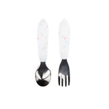 Bumkins Spoon + Fork: Vanilla Sprinkle includes a set of 2 toddler utensils with white and colorful speckle handles, ideal for self-feeding.