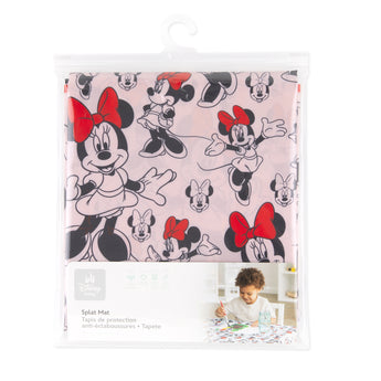 Bumkins Splat Mat: Minnie Mouse is shown folded in plastic packaging bag with a hanger and cardboard insert.