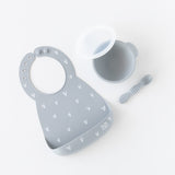 Bumkins Silicone Feeding 4-Piece Set: Gray is neatly displayed on a white background.