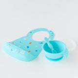 Bumkins Silicone Feeding 4-Piece Set: Blue rests on a white background.