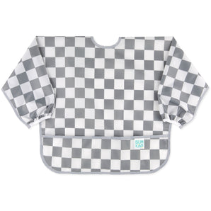 Bumkins Sleeved Bib: Charcoal Check features a gray and white checkered waterproof fabric, long sleeves, and a bottom pocket.