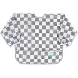 Bumkins Sleeved Bib: Charcoal Check features a gray and white checkered waterproof fabric, long sleeves, and a bottom pocket.