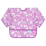 Bumkins Sleeved Bib: Unicorns is a long sleeved bib made of purple waterproof fabric with a unicorn and rainbow print.