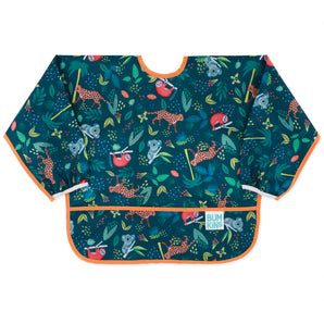 Bumkins Sleeved Bib: Jungle is made of dark teal waterproof fabric with animal illustrations, orange trim, and front pocket.