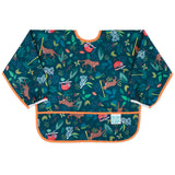 Bumkins Sleeved Bib: Jungle is made of dark teal waterproof fabric with animal illustrations, orange trim, and front pocket.