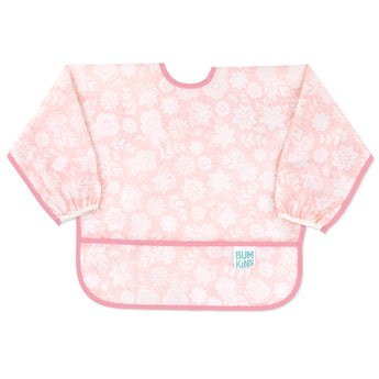 Bumkins Sleeved Bib: Lace—pink waterproof fabric with a white floral lace design, front pocket, and adjustable closure.