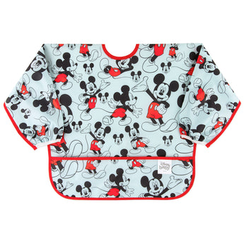 Bumkins Sleeved Bib: Mickey Mouse features a blue waterproof bib with Mickey Mouse illustrations, front pocket, and red trim.
