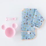 Bumkins On-The-Go Mealtime 5-Piece Set: Mickey + Minnie Mouse Sunny Side Up Pink lays flat on a white background.