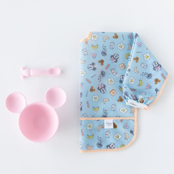 Bumkins On-The-Go Mealtime 5-Piece Set: Mickey + Minnie Mouse Sunny Side Up Pink lays flat on a white background.