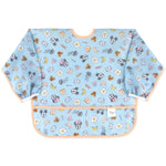 Bumkins Sleeved Bib: Mickey + Minnie Sunny Side Up features light blue waterproof fabric and colorful characters, ideal for baby-led weaning.