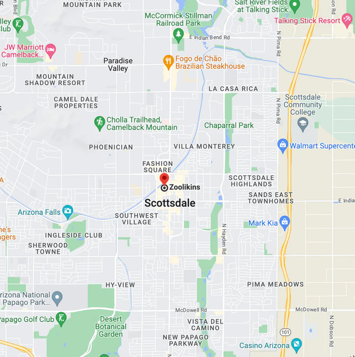 Map showing Scottsdale, Arizona, highlighting locations like Zoolikins, Fashion Square, and places such as Chaparral Park. Nearby landmarks include Talking Stick Resort and Salt River Fields.