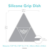 Bumkins Silicone Grip Dish: Zelda™ Triforce with dimensions—width: 7.87 in (20 cm), height: 7.87 in (20 cm), depth: 1 in (2.5 cm).