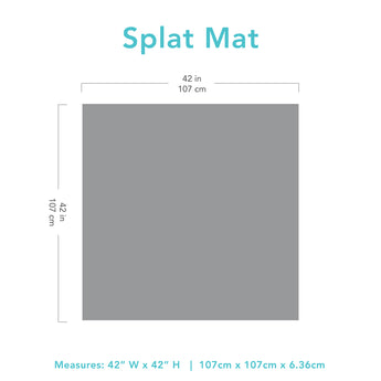 Gray silhouette of Bumkins Splat Mat with dimensions—width: 42 in (107 cm), height: 42 in (107 cm).