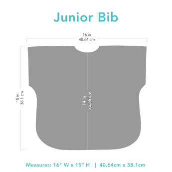 Gray silhouette of Bumkins Junior Bib with dimensions—width: 16 in (40.64 cm), height: 15 in (38.1 cm), height from neck: 14 in (35.56 cm).