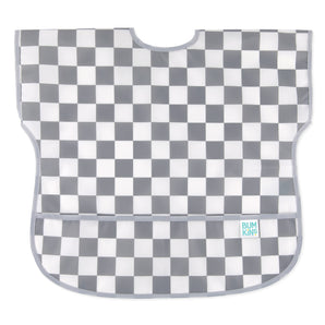 Bumkins Junior Bib: Charcoal Check features gray and white checkered, easy-wipe waterproof fabric, with pocket at the bottom.