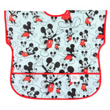 Bumkins Junior Bib: Mickey Mouse Classic features Mickey Mouse illustrations on light blue waterproof fabric with red trim and front pocket.
