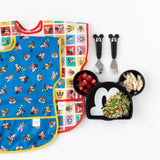 Two Bumkins Junior Bibs (Mickey & Friends) and a Mickey-shaped plate with strawberries, chicken & veggies.
