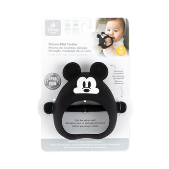 Bumkins Silicone Un-Droppable Mitt Teether: Mickey Mouse is attached to cardboard packaging.