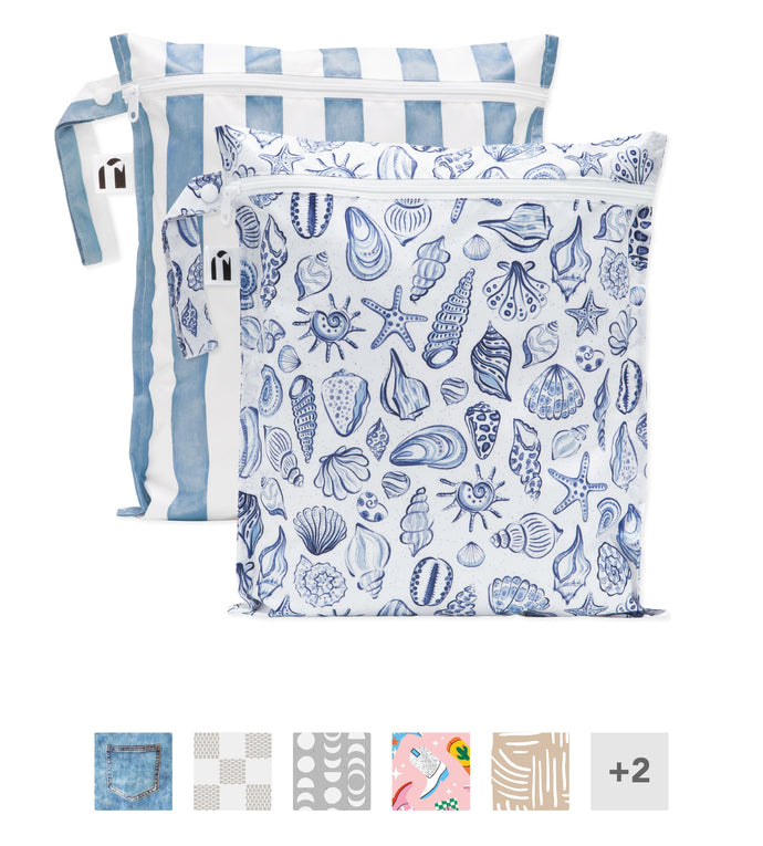 Two zippered wet bags: one with blue and white stripes, one with blue seashells. Five pattern thumbnails are shown below.