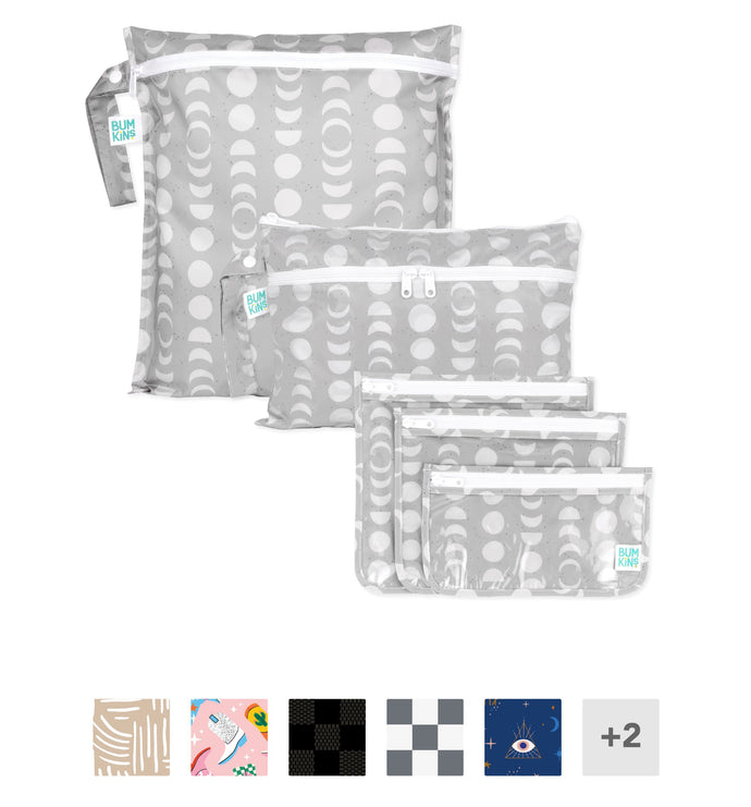 Four grey waterproof zippered bags with a white moon phase pattern, shown with five alternative design swatches below.