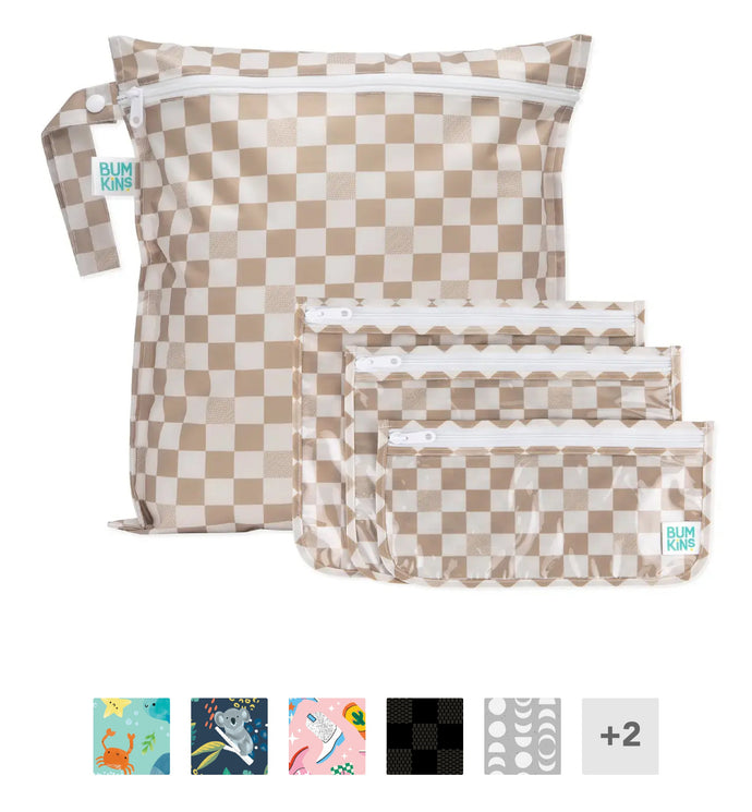 Beige and white checkered zippered wet bags in three sizes, displayed with small swatches of other available patterns below.