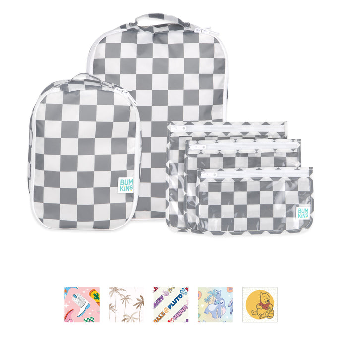 Set of five black-and-white checkered travel bags, with small colorful pattern samples shown underneath.