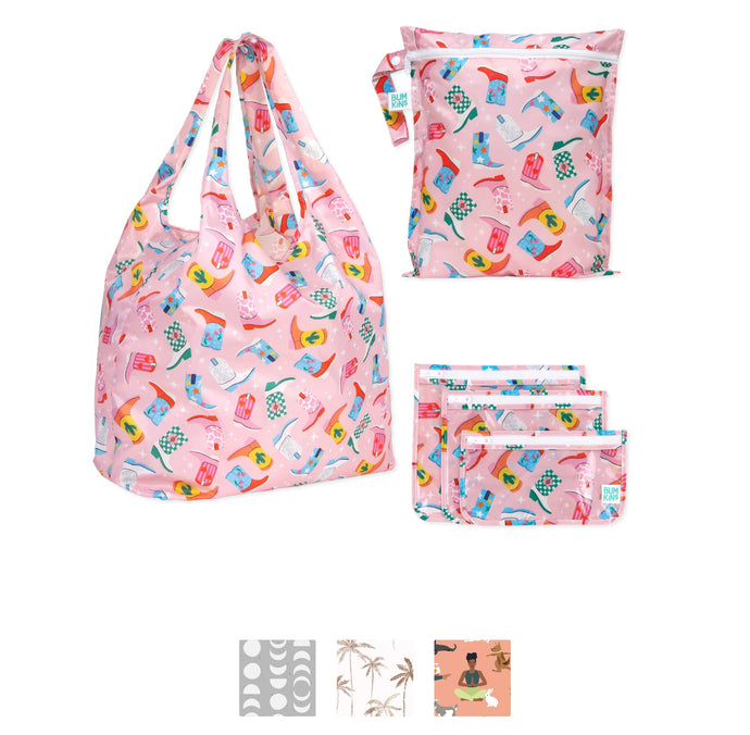 Pink reusable shopping bags and pouches with colorful summer drink and accessory patterns, shown in multiple sizes and styles.