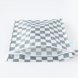 A partially open Bumkins Wet Bag: Charcoal Check lays on a white background.