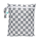 Bumkins Wet Bag: Charcoal Check features a gray and white checkered pattern on waterproof fabric, a zipper closure, and a side handle.