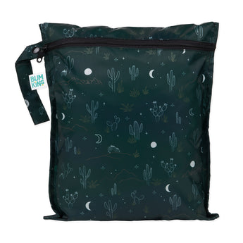 Bumkins Wet Bag: Starry Cactus is dark green waterproof bag with a cactus, star, and moon print and a black zipper.